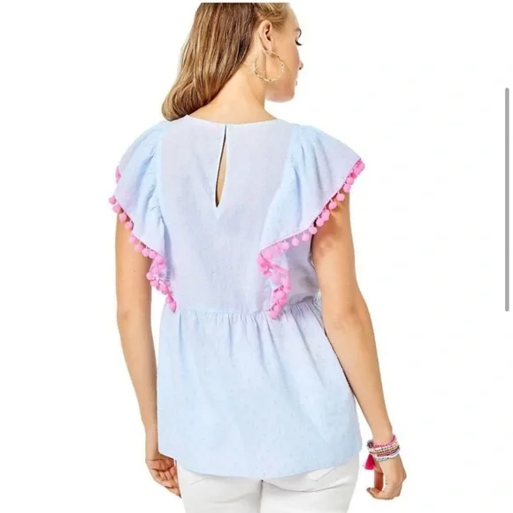 NWT Lilly Pulitzer Light Blue Raquelle Top with Pink Pom Trim - Picture 3 of 7